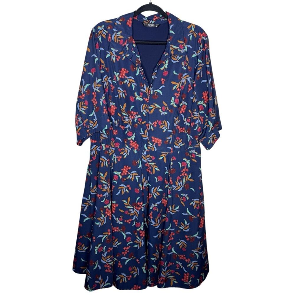 eSHAKTI / navy blue red floral half sleeve knee length a-line dress / 18W